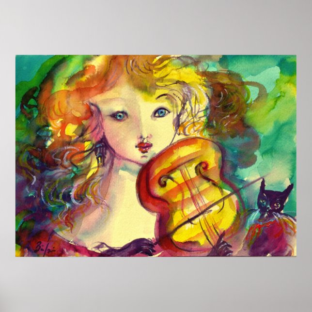 POSTER FILLE VIOLINISTE, VIOLIN ET CAT (Devant)