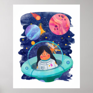 Poster Fille Volant Sauser Astronaute Planètes spatiales