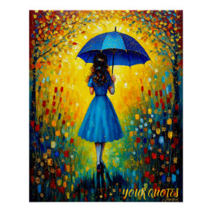 Poster Fille Whimsical avec parapluie bleu