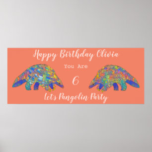 Poster Filles 6e anniversaire fête colorée Pangolin Coral