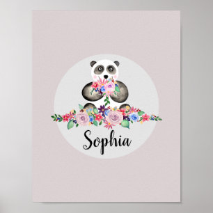 Poster Filles Belles Fleurs Aquarelle Panda et Nom