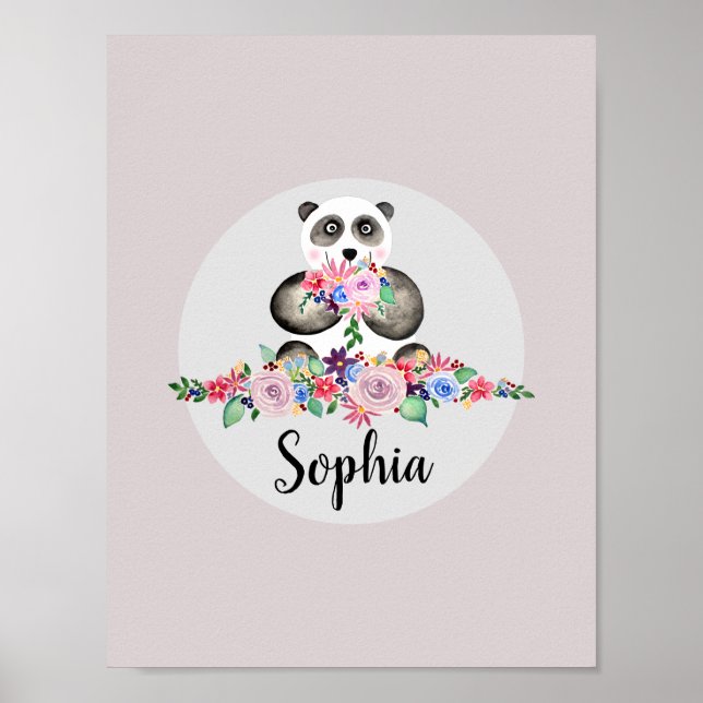Poster Filles Belles Fleurs Aquarelle Panda et Nom (Devant)