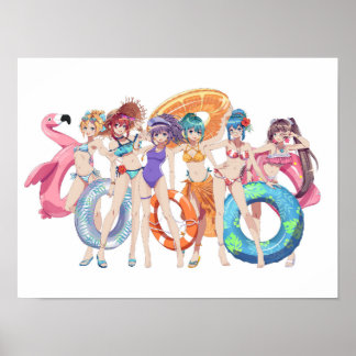 Poster Filles d'anime de plage en groupe d'été