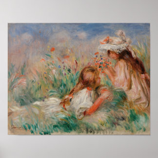 Poster Filles dans l'herbe arrangeant un bouquet impressi