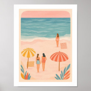 Poster Filles de la plage rétro Bronzage Parasols Vintage
