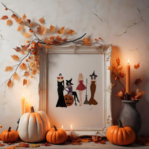 Poster Filles d'Halloween, sketch de mode, sorcières,