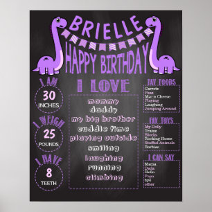 Poster Filles Dinosaure violet 16x20 Modèle 1er anniversa