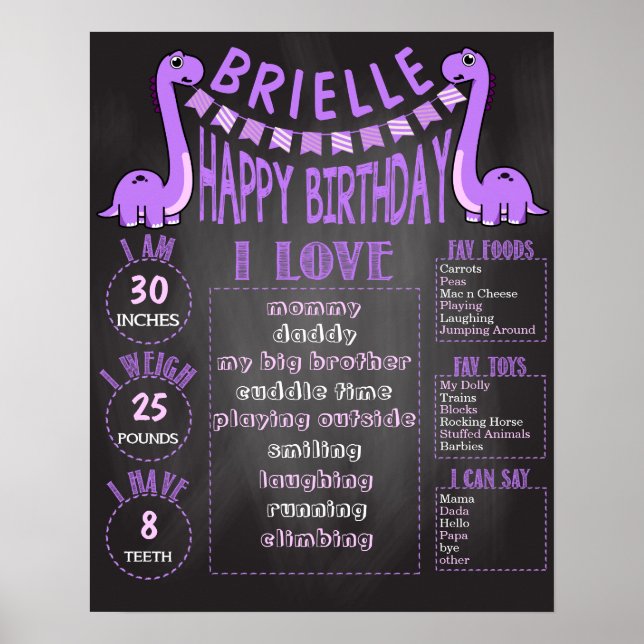 Poster Filles Dinosaure violet 16x20 Modèle 1er anniversa (Devant)