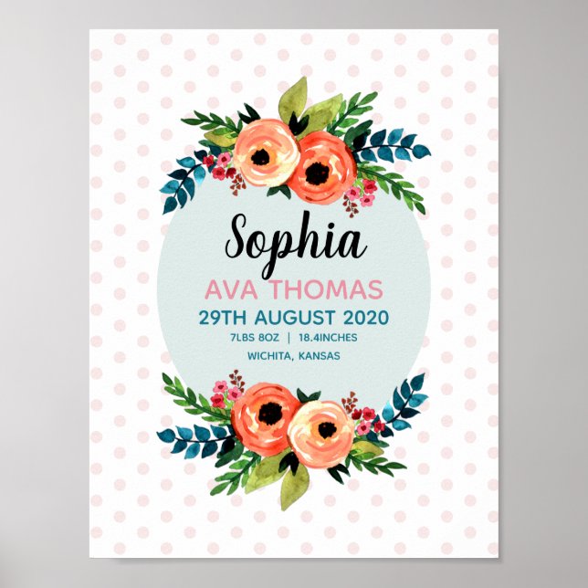 Poster Filles Fleurs mignonnes Floral Stats de naissance  (Devant)
