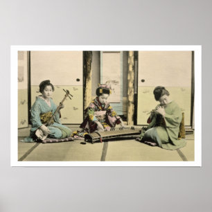 Poster Filles japonaises jouant la cannelure, le "koto"