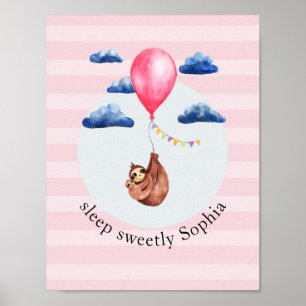 Poster Filles Mignon Ballon Rose Paresseux Animal et Nom 