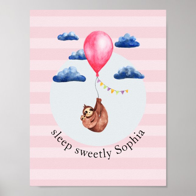 Poster Filles Mignon Ballon Rose Paresseux Animal et Nom  (Devant)