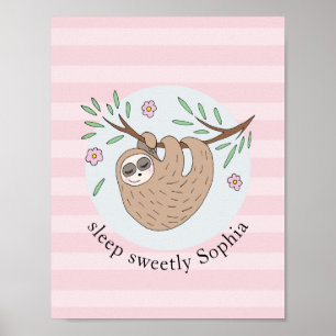 Poster Filles Mignonnes Sloth Dormant Animal et Nom Enfan