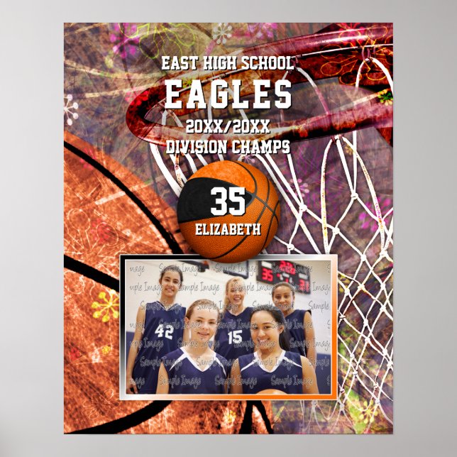 Poster filles noir orange équipe couleurs photo basketbal (Devant)