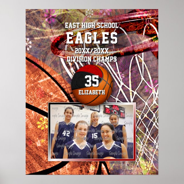 Poster filles noir rouge équipe couleurs photo basketball (Devant)