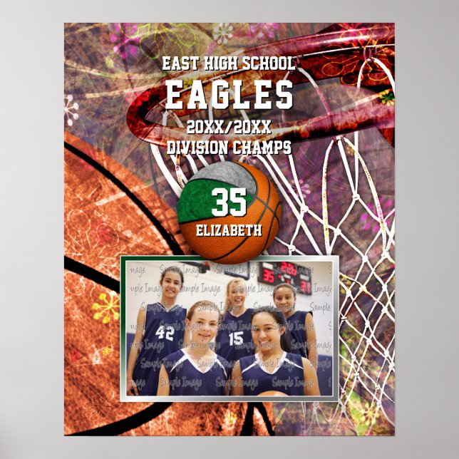 Poster filles vert gris équipe couleurs photo basketball (Devant)