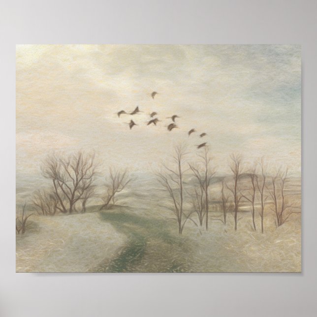 Poster Fin automne avec croquis au crayon d'oies volantes (Devant)