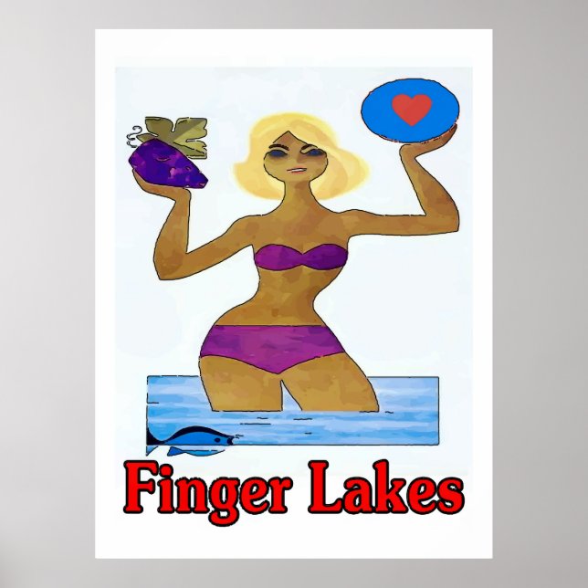 Poster Finger Lakes, État de New York, vin, eau, poisson, (Devant)