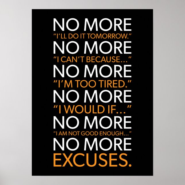Poster Fini Les Excuses - Gym, Hustle, Succès, Motivation (Devant)