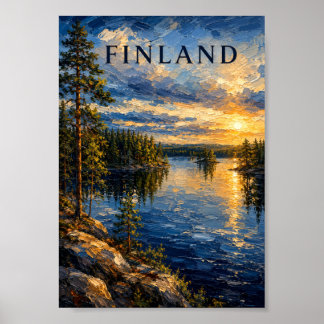 Poster Finlande : souvenir artistique du lac au coucher d