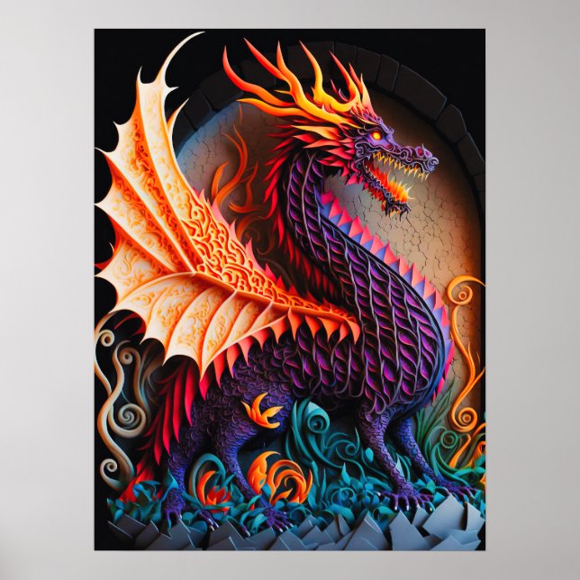 Poster Fire Dragon Castle Imaginaire Art Mythique Créatur (Devant)