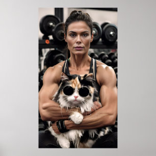 Poster Fitness Girl&Cat dans la salle de gym. Motivation 