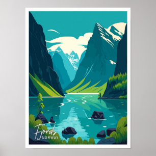 Poster Fjords Norvège Art Travel illustration Vintage