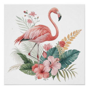 Poster Flamant Avec Fleurs