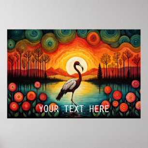 Poster Flamant rose Bird Lake Sunset Floral coloré