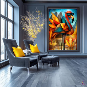 Poster Flamant rose de charme - Cool cubiste à Shades