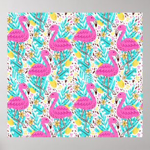 Poster Flamant rose d'été tropical : éléments Motifs lumi