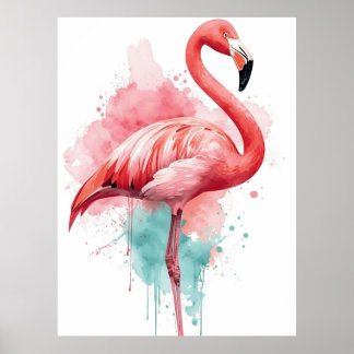 Poster Flamant Rose et Éclaboussure de Teal à l'Aquarelle