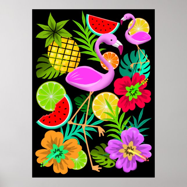 Poster Flamant rose et Fruits d'été Motif amusant (Devant)