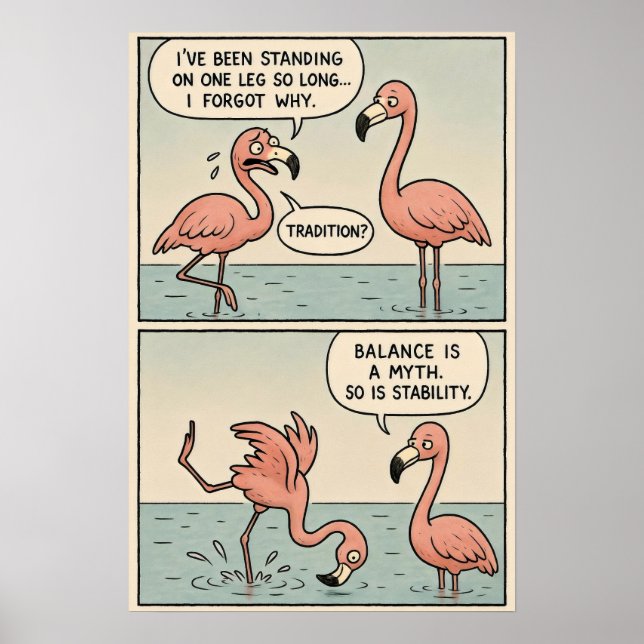 Poster Flamant rose Existentiel Comique - L'équilibre est (Devant)