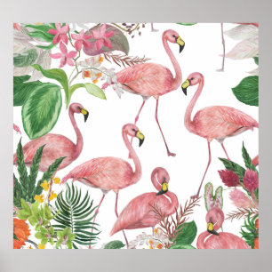 Poster Flamant rose Feuilles tropicaux Motif aquarelle