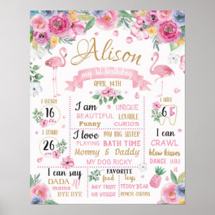 Poster Flamant rose Fleurs Été Luau Signal d'anniversaire