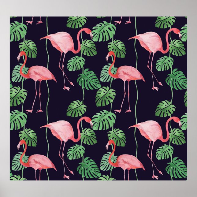 Poster Flamant rose foncé : Petit Motif aquarelle. (Devant)