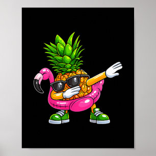 Poster Flamant rose qui fait dab avec une ananas Aloha Ha