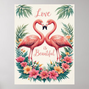 Poster Flamant rose romantique Love Heart Illustration