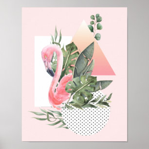 Poster Flamant rose rose Aquarelle tropicale Collage
