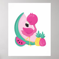 Flamant rose rose avec pastèque et ananas