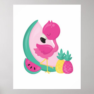 Poster Flamant rose rose avec pastèque et ananas