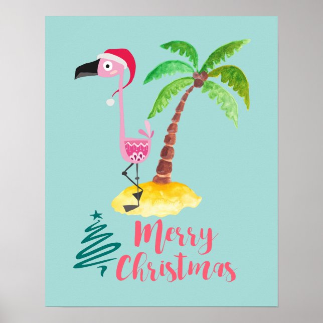 Poster Flamant rose Rose Dans Un Chapeau De Père Noël Par (Devant)