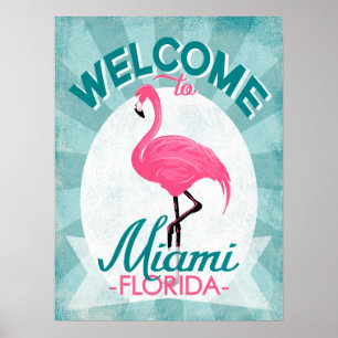 Poster Flamant rose rose de Miami la Floride - rétro
