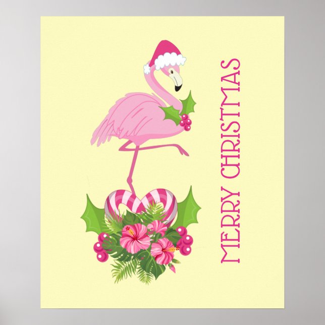 Poster Flamant rose rose en Santa Hat avec Sucre de canne (Devant)