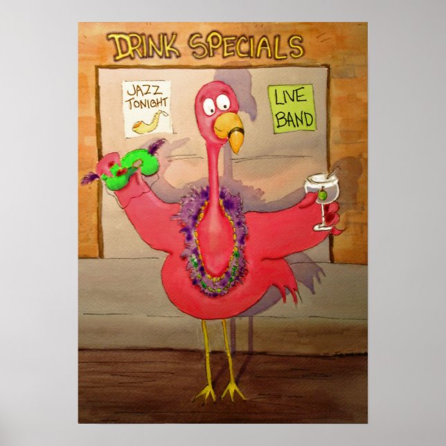 Poster Flamant rose rose Fête Fête Whimsical Bird (Devant)