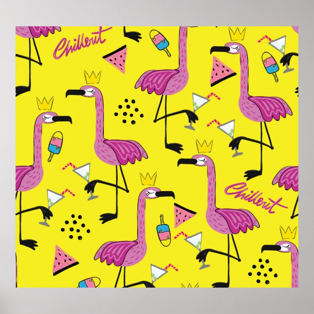 Poster Flamant rose rose : Motif de mode d'été (Devant)