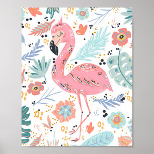 Poster Flamant rose rose tropical