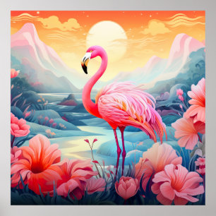 Poster Flamant rose rose tropical avec fleurs