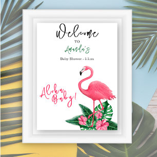 Poster Flamant rose rose tropical Baby shower Aloha - Bie